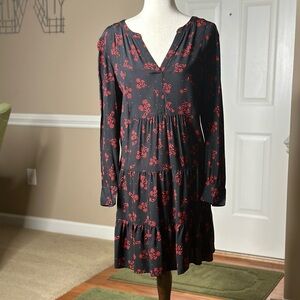 LOFT Tiered Baby Doll Dress Black W/Red Floral Print NWOT Size M
